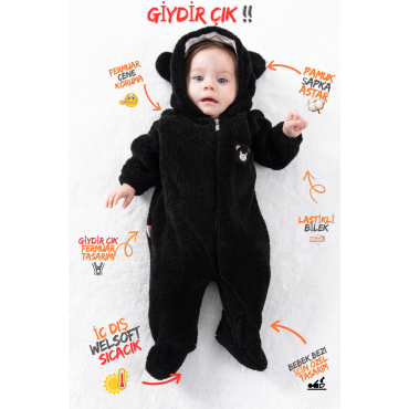 Welsoft Peluş Fermuarlı Kışlık Unisex Kız Erkek Bebek Uyku Tulumu Bebek Tulumu Çocuk Tulumu