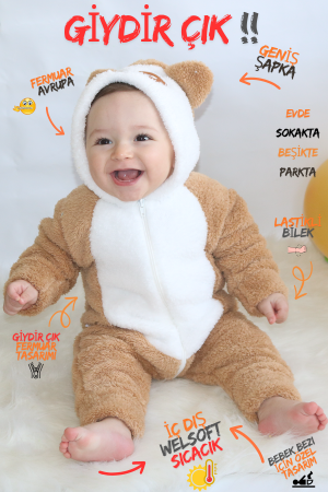 Welsoft Peluş Unisex Fermuarlı Kışlık Bebek Uyku Tulumu Bebek Tulumu Çocuk Tulumu Çocuk Kostümü